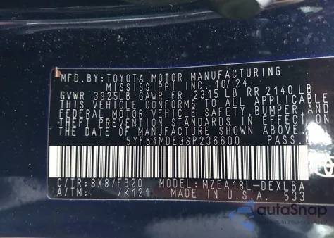 2025 Toyota Corolla Le z USA, uszkodzony, nr VIN 5YFB4MDE3SP236600